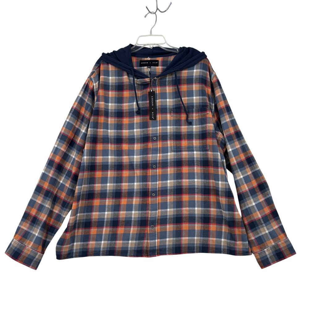 Edgar + Ash Hooded Flanned Shirt Mens Size 2XL Blue Multi Plaid Button Up